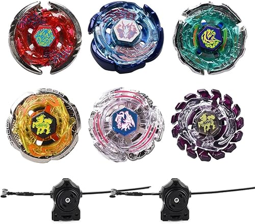 Gyros - Juego de 6 tapas de batalla Bey Burst de metal con calcomanías dos lanzadores idea de regalo para niños niños y niños