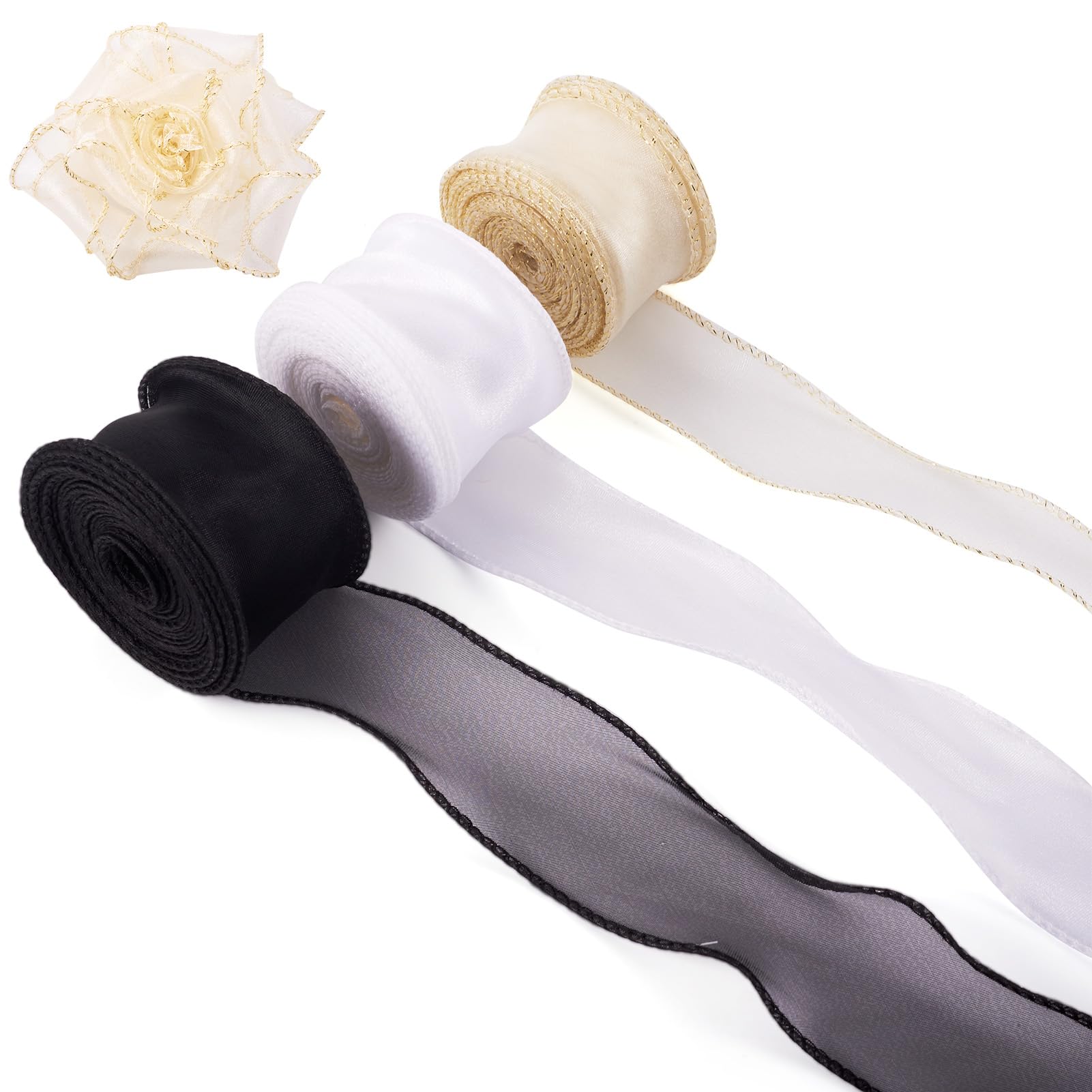 Boutigem 3 Roll Wired Organza Chiffon Ribbon 40mm Shimmer Sheer Ribbon Fishtail Yarn for DIY Hair Bows Flower Bouquet Wreaths Present Wrapping Decoration