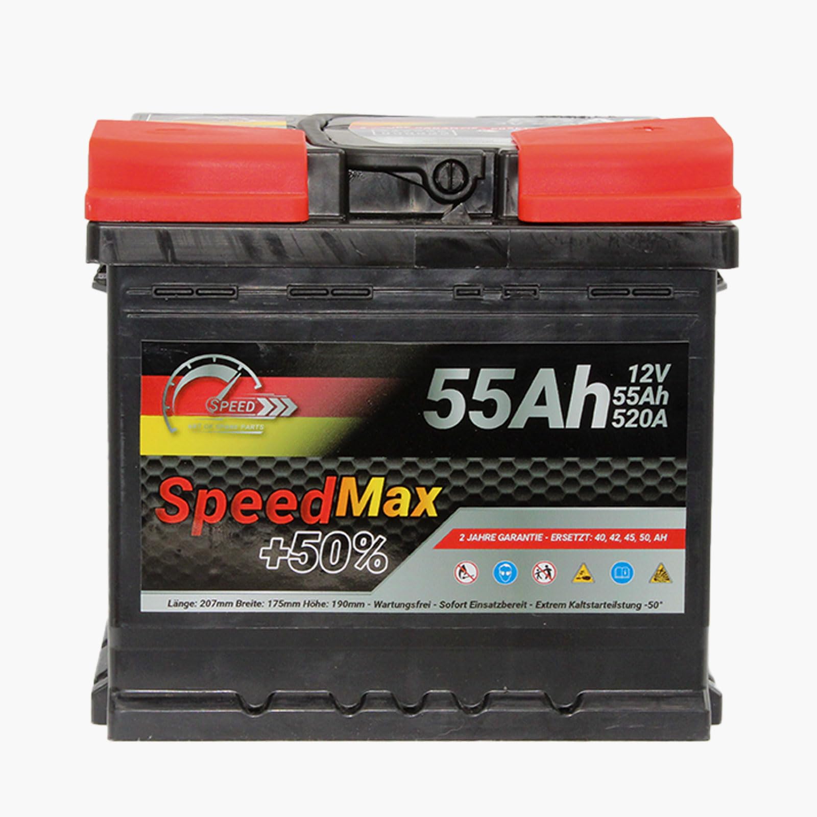 SMC Autobatterie Speed Max 55Ah L1 520A EN 12v PKW Ersetzt 44Ah 45Ah 50Ah 52Ah 54Ah 75Ah Starterbatterie wartungsfrei- Maße der Batterie: 20,7 x 17,5 x 19,0 cm - Pluspol rechts (DX+)