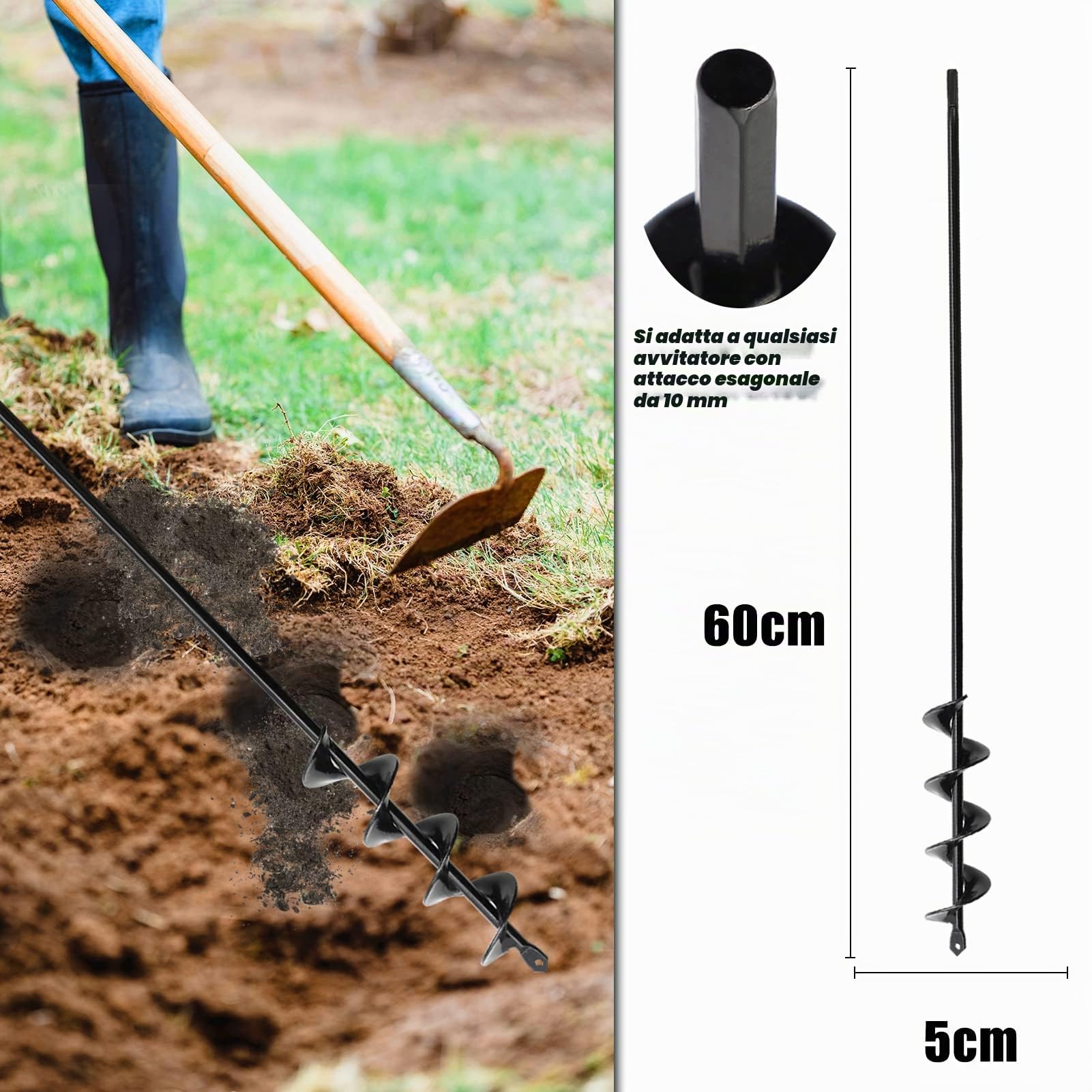 Trivella per Trapano ø50mm X 600mm,Trivella per Terreno Punta Trapano per Terreno per Giardino, Si Adatta Alla Maggior Parte Dei Trapani Con Attacco Esagonale Da 3/8"