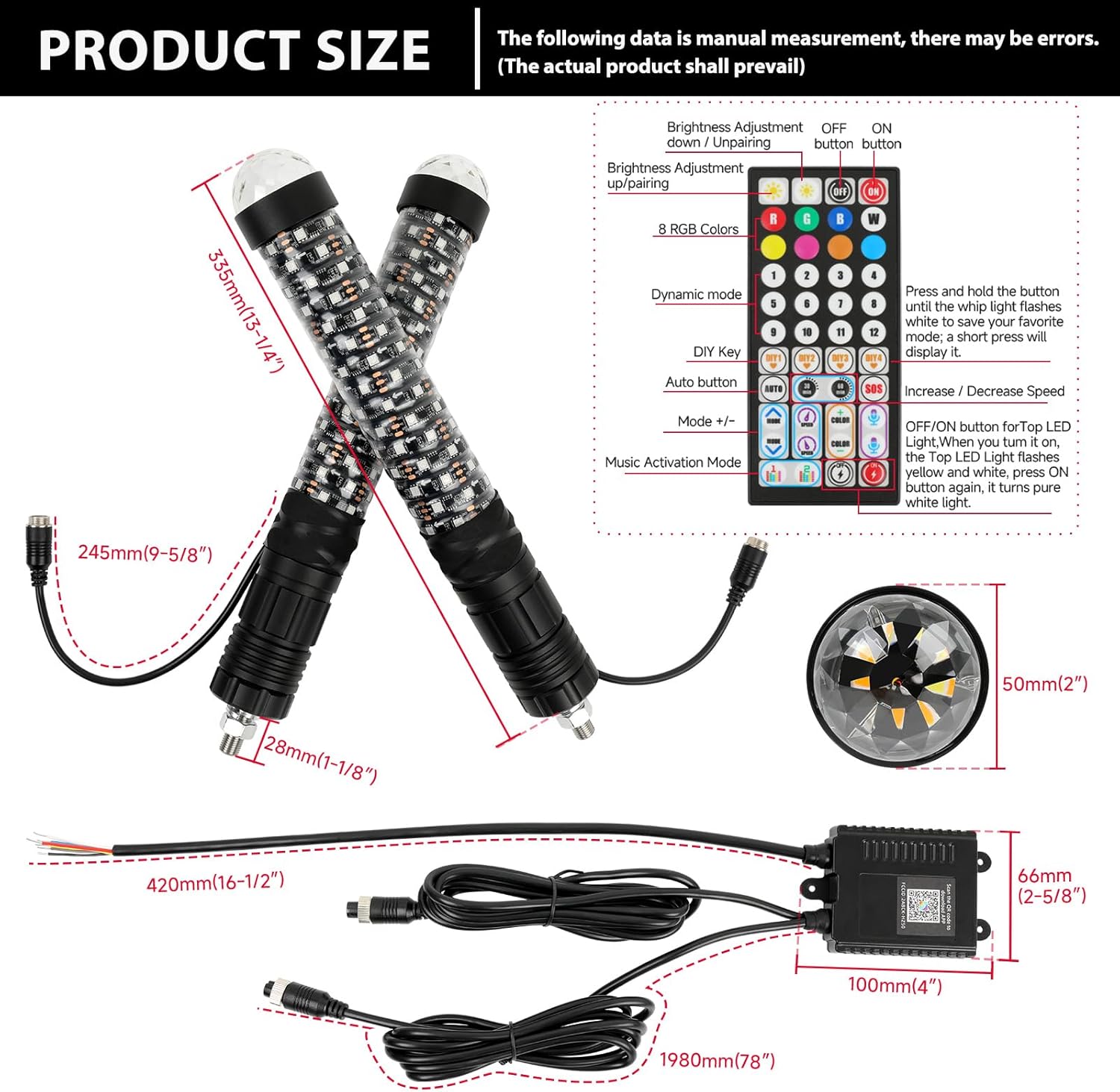 2PCS 1FT Fat Whip Light with Warning Light Spiral RGB LED Whip Lights with APP&Remote Control,Chasing Lighted Antenna Whips for UTV ATV Can-Am X3 RZR Can-Am Polaris Buggy Jeep Offroad (1ft)