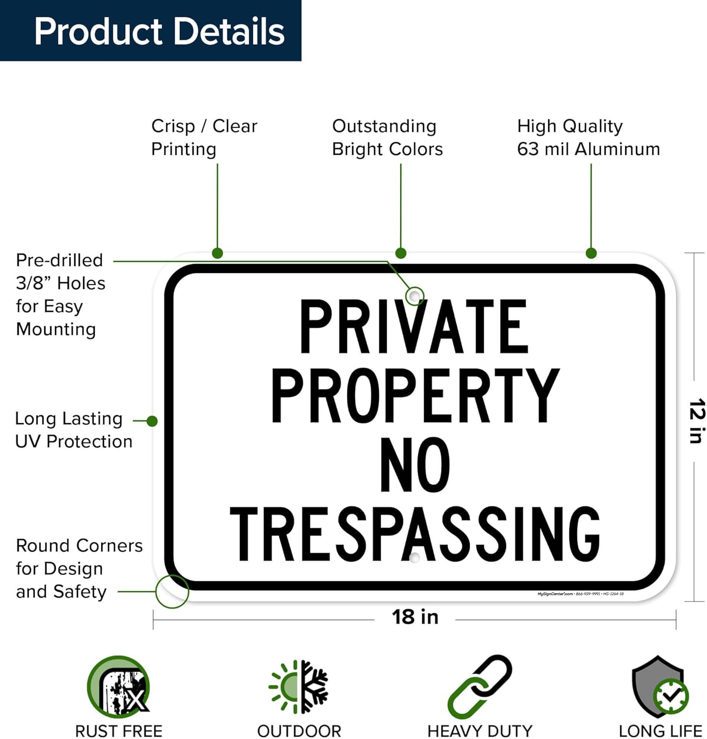 Private Property No Trespassing Sign, (MS-1264) 12x18 Inches, Rust Free .063 Aluminum, Fade Resistant, Made in USA by My Sign Center