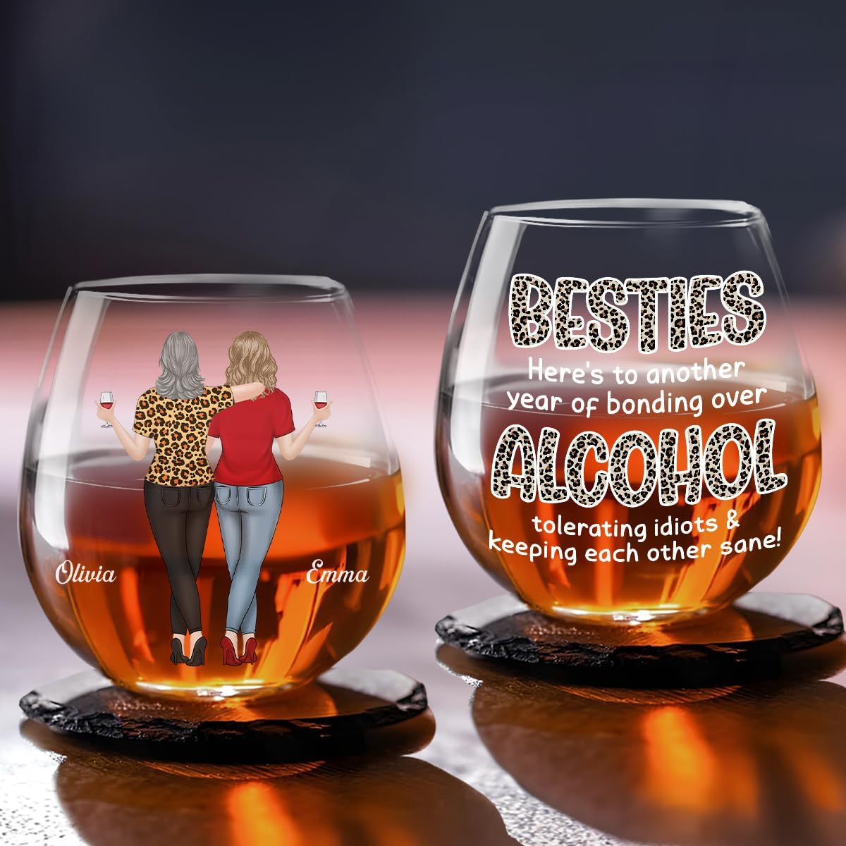 Wrappiness Bestie Personalized Custom Wine Glass - Here's To Another Year Of Bonding Over Alcohol, Funny Gift for Best Friends Women Sisters BFF Troll Mug W15-03-202
