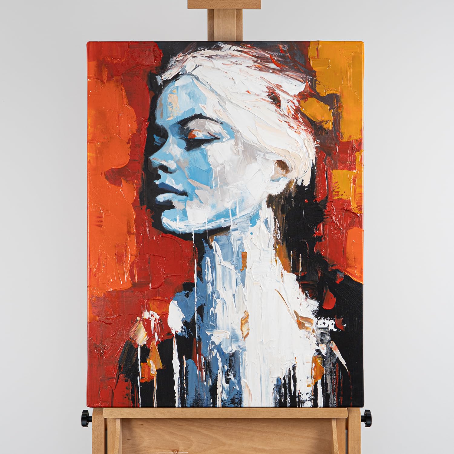 AUREDAS Handgemaltes Acrylgemälde 60x80 cm – abstraktes Frauenportrait in Schwarz, Rot & Orange – Hochformat auf Baumwollleinwand ohne Schattenfugenrahmen – Atalantum