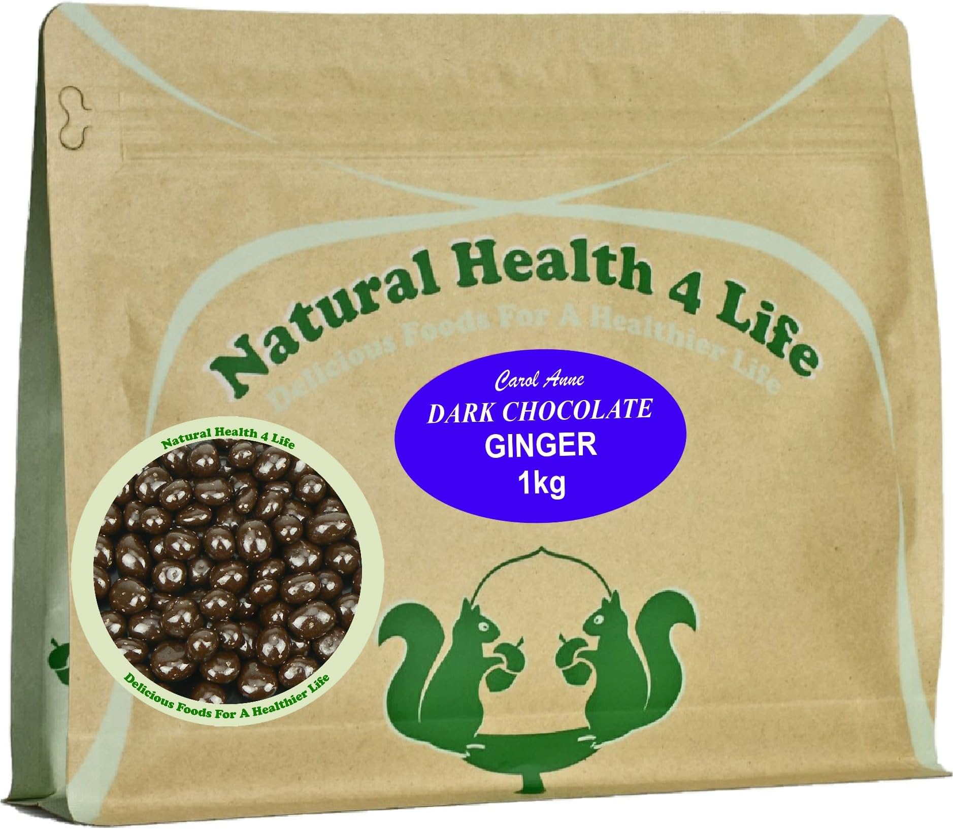 Natural Health 4 Life Carol Anne Confectionery Dark Chocolate Ginger 1 kg in Resealable Pouch (1 Pouch)