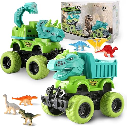 Juguetes de camión monstruo para niños de 2, 3, 4, 5 años, paquete de 2, juguetes de dinosaurio para niños de 3 a 5 años con 6 mini juguetes de