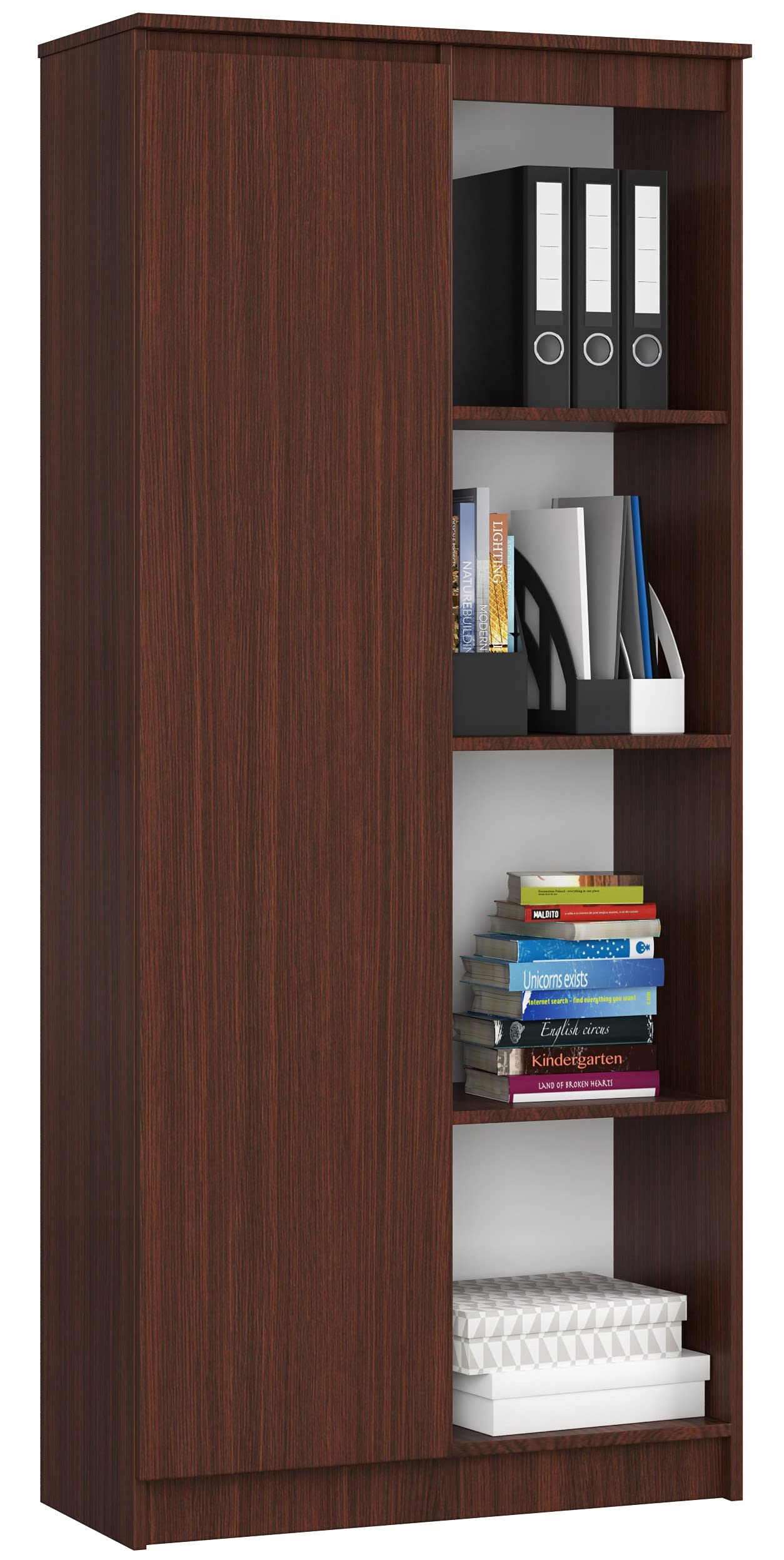 AKORD | Libreria per ufficio CLP 80cm | 4 Ripiani esterni 1 Anta | Scaffale Soggiorno | Porta Libri | Mobile Moderna con Ripiani | Salvaspazio | Librerie da Terra | Wengé