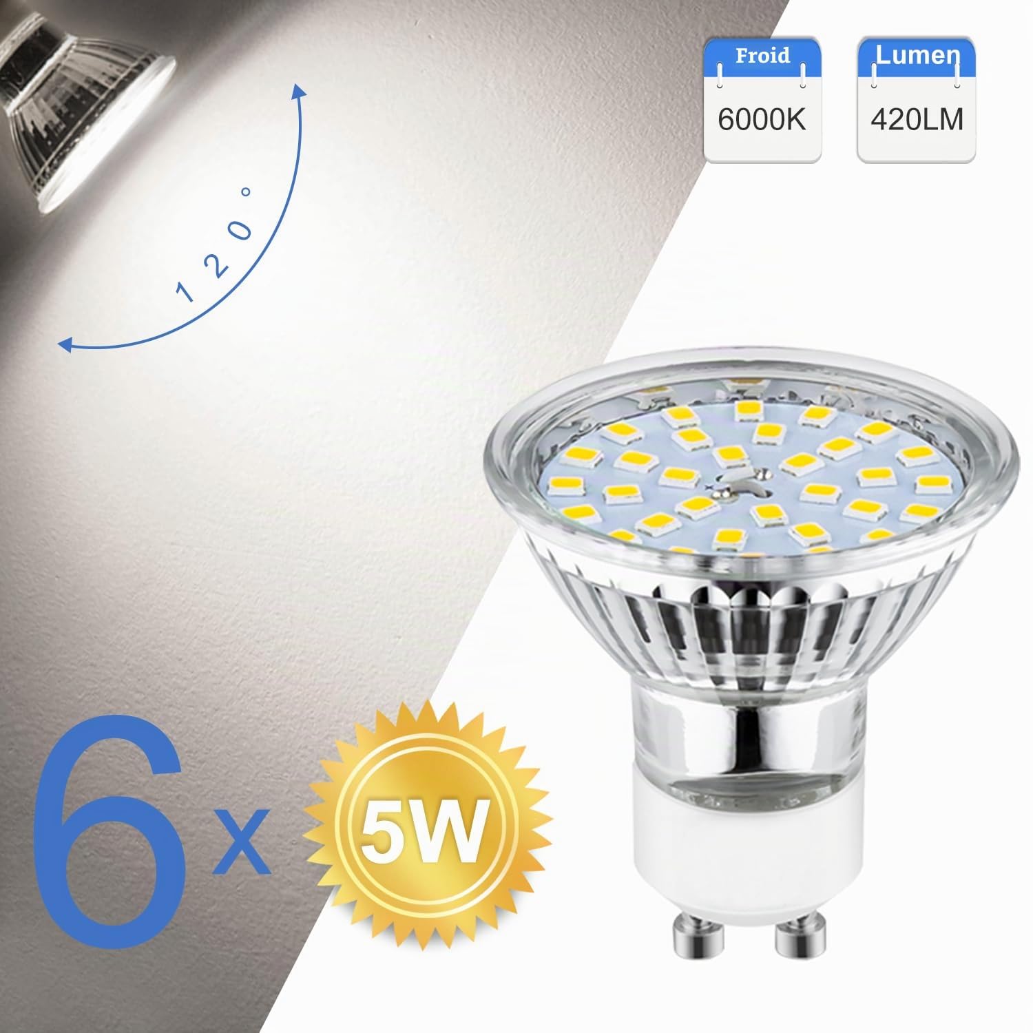 wowatt Plafonnier LED 6 Spots Nickel 6x 5W Ampoules GU10 6000K Blanc Froid | Barre Spot Orientable Plafond, Luminaires Plafonnier Pivotants, Rampe de Plafond Interieur pour Chambre Cuisine Salon Couloir