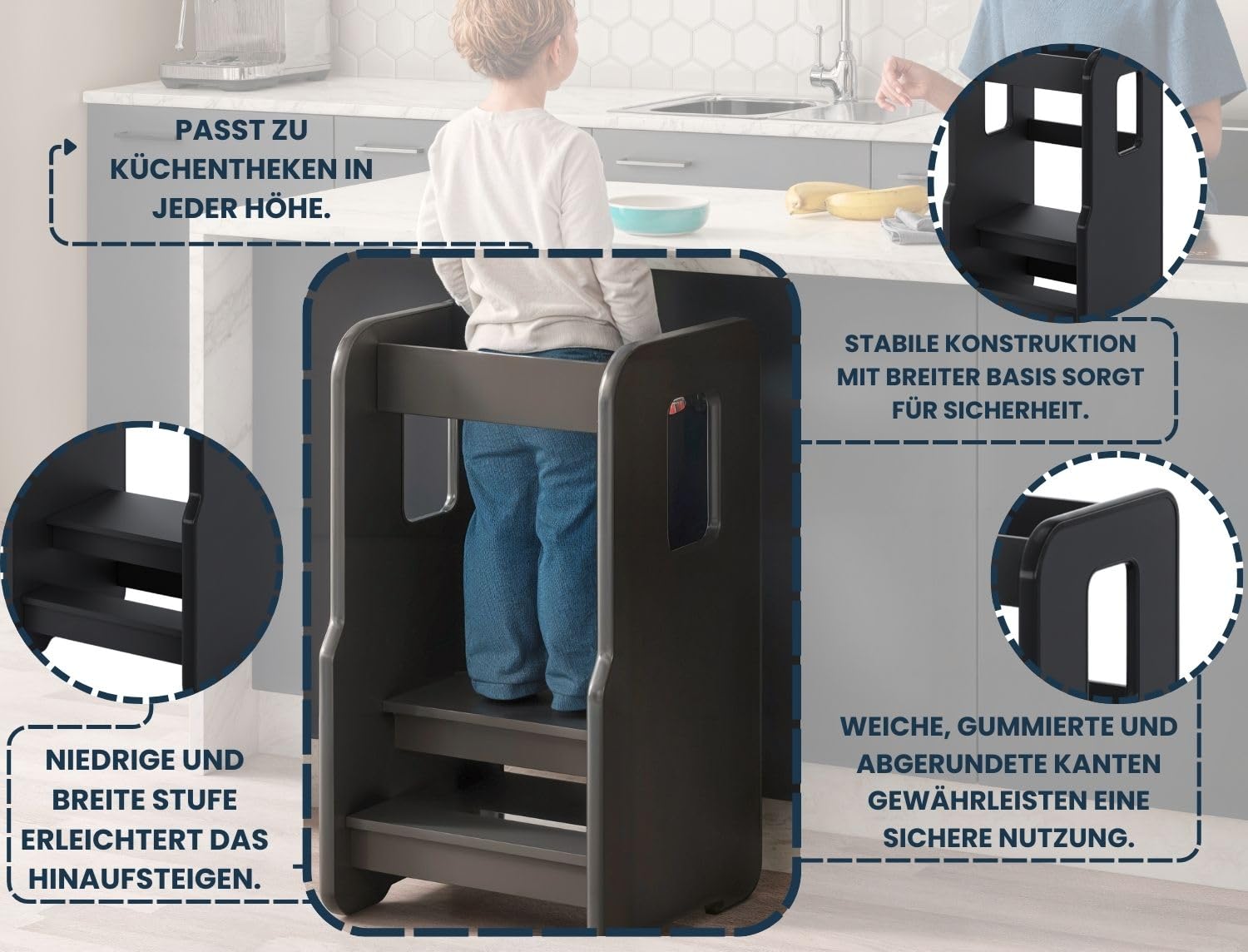 Lernturm ab 1 Jahr, Montessori Learning Tower, Schwarz | 3-stufig Höhenverstellbarer Lernturm für Kinder, Kinderstuhl Holz, Sicherer & Stabil Tritthocker Kinder, Tritthocker