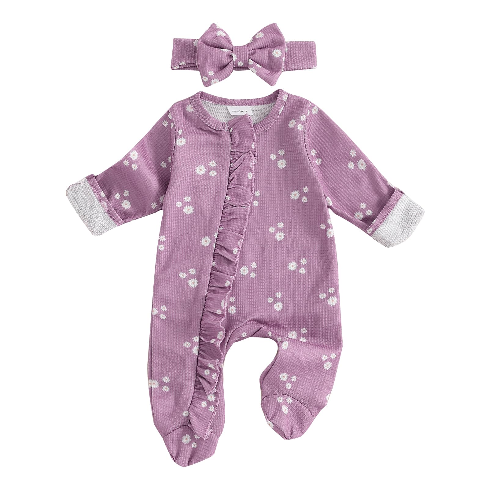 Ursobutegl Newborn Baby Girl Clothes Footie Ruffle Trim Zipper Romper Jumpsuit Bodysuit Headband Coming Home Hospital Outfits (Violet, Newborn)