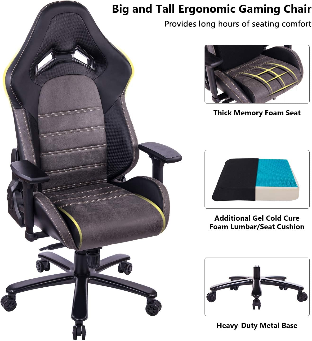KILLABEE Big and Tall 440lb Memory Foam Gaming Chair with Gel Cold Cure Foam Lumbar/Seat Cushion, 4D Arms and Heavy Duty Metal Base, Black&Brown