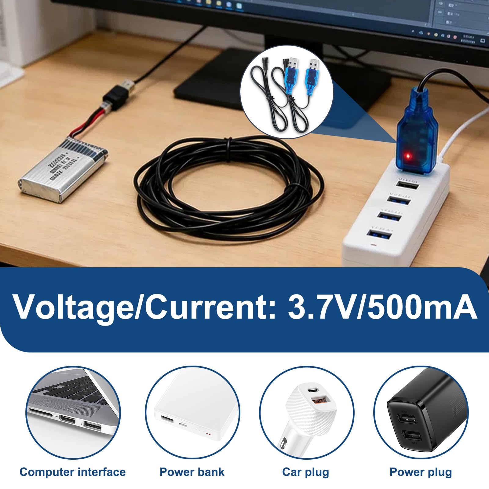 2 Piezas Cargador USB con SM-2P, Cable de Cargador USB 3.7V para Baterías Li-Ion/LiPo, para Drones, Coches, Barcos, Juguetes RC, con Protección contra Sobrecarga y LED Indicador de Carga — view 6