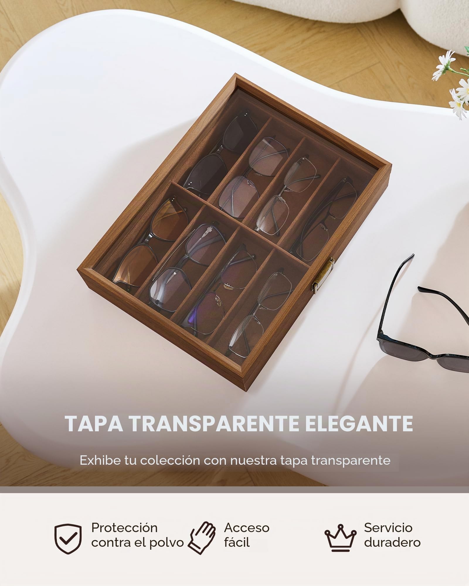 Organizador de gafas de sol de madera de nogal con 8 ranuras, almacenamiento multiusos para gafas, relojes, joyas, expositores para mujeres y hombres
