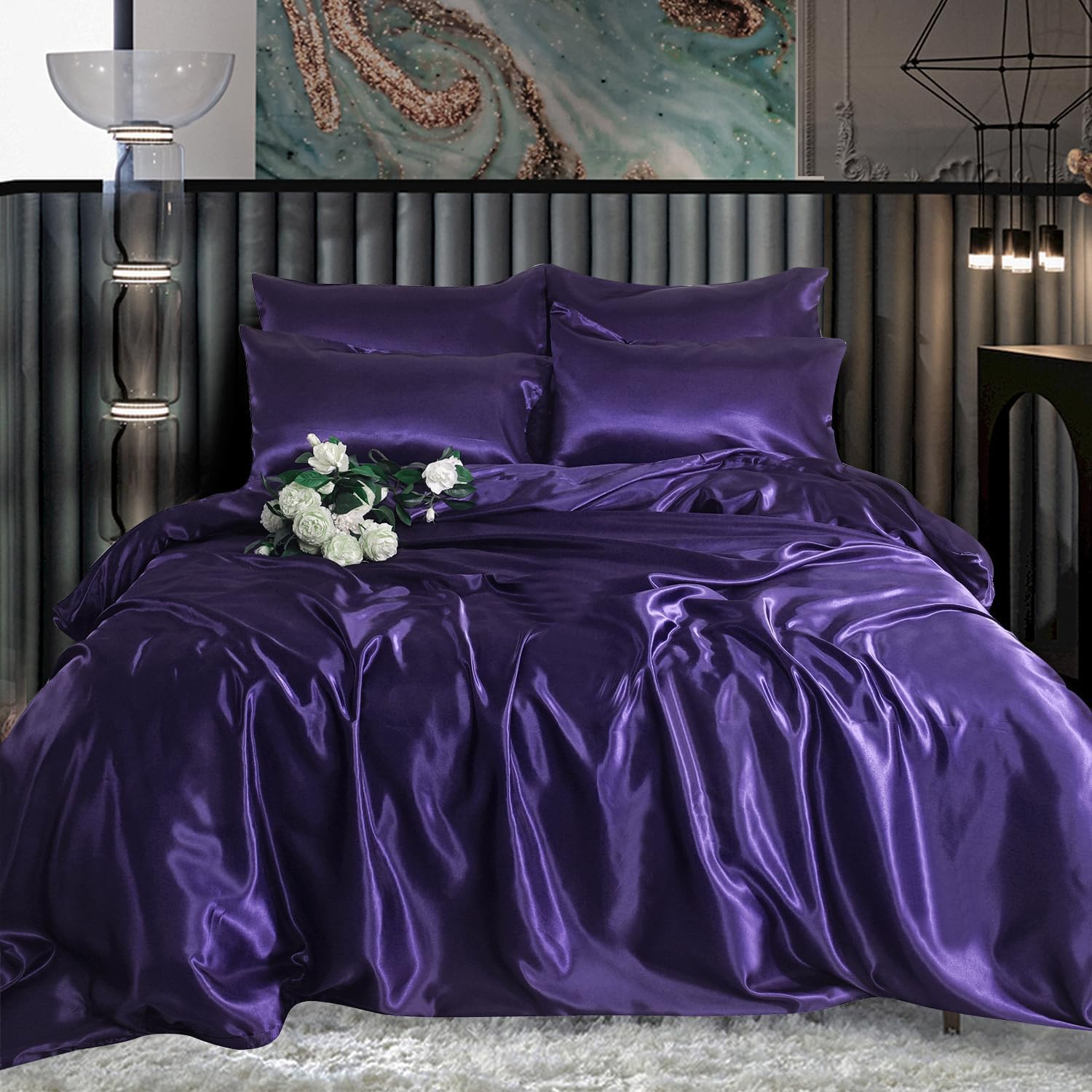 6-Piece Luxury Satin Duvet Cover Bedding Set Plain - Ultra Luxury Soft, Silky Bed Set Include (1xDuvet Cover, 1xFitted Sheet, 4xHousewife Pillow Case) (Super King, Aubergine)-(Same Day Dispatch)