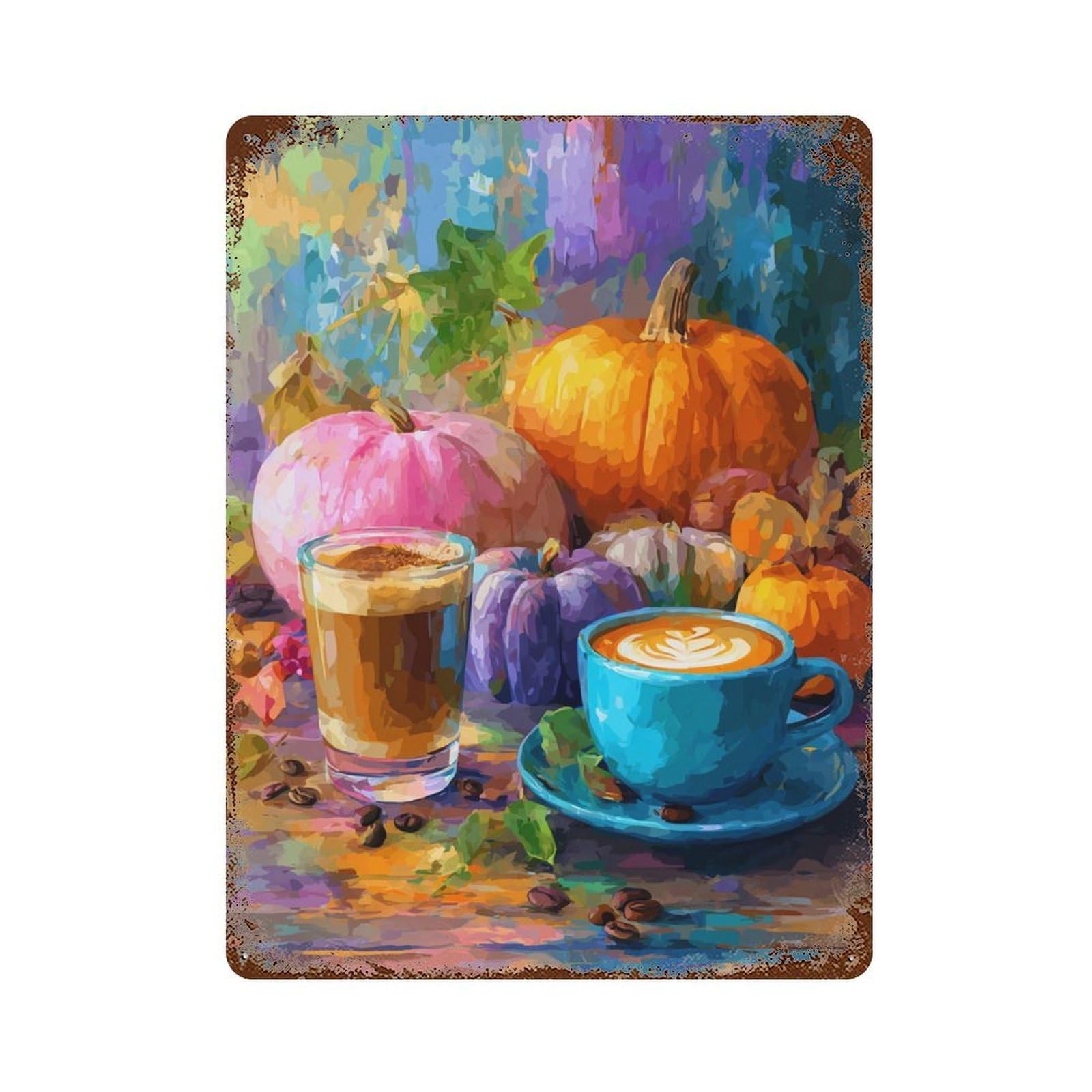 Autumn Pumpkin Latte Scene 15.7"x11.8" Aged Metal Wall Plaque, Retro Wall Decor for Farmhouse, Kitchen And Entryway Decor