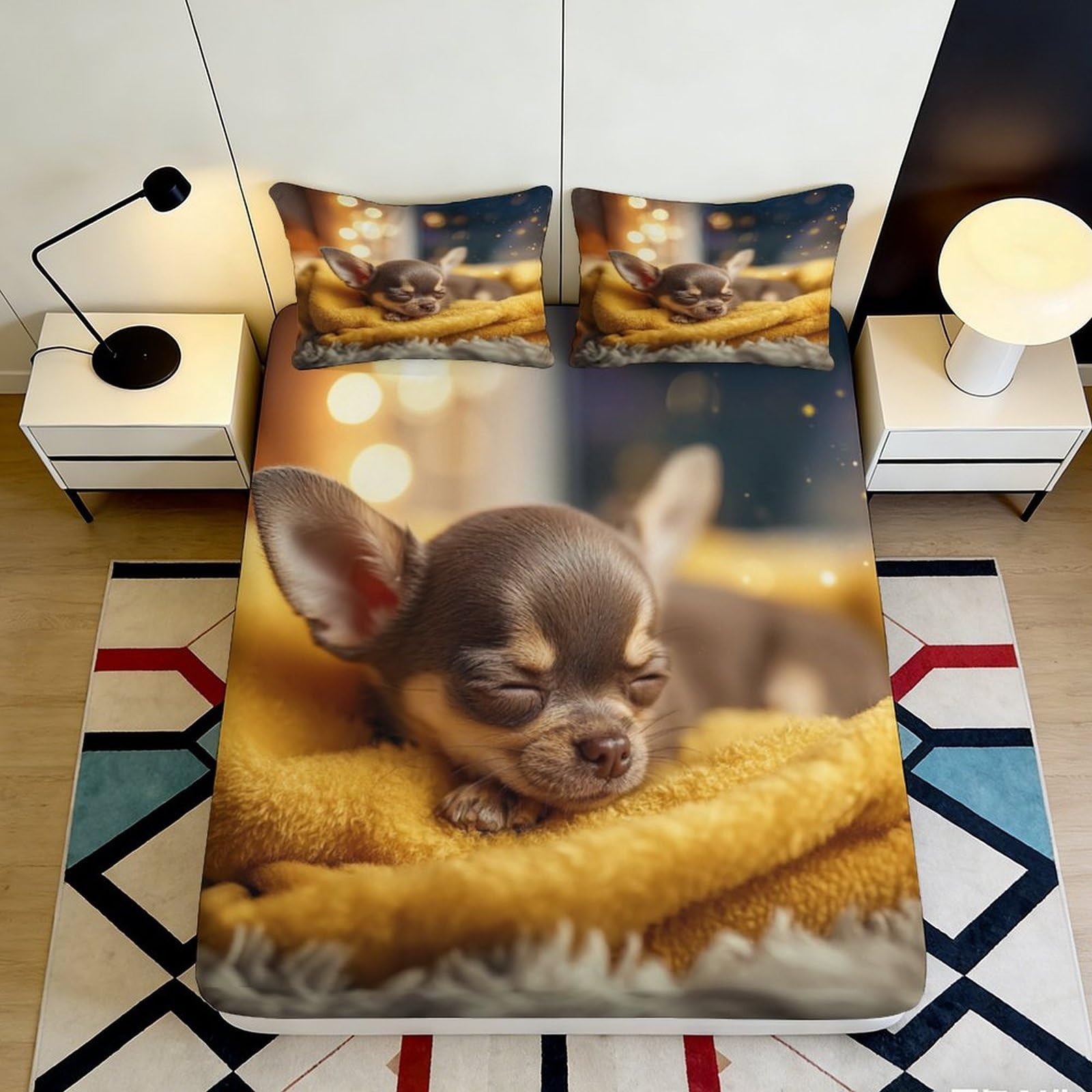 3D Printed Sleeping Chihuahua Fitted Sheet Microfiber Anti-slip Cozy Dog Pattern Mattress Cover Bedroom Decor 90x200x25cm