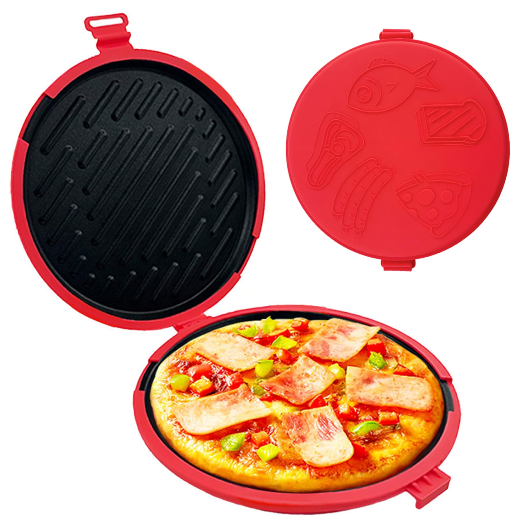 Cakeeyum Red Microwave Grill Pan Non-Stick Heat-Resistant Microwave Grill Easy To Clean Breakfast Sandwich Maker For Fish Sausage Steak Pizza Bread