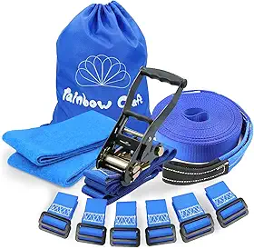 Rainbow Craft Pista de obstáculos Ninja Warrior para crianças - Slackline de 15 metros, 12 laços de fivela removíveis, 12 acessórios ninja, equipamento de treinamento ao ar livre