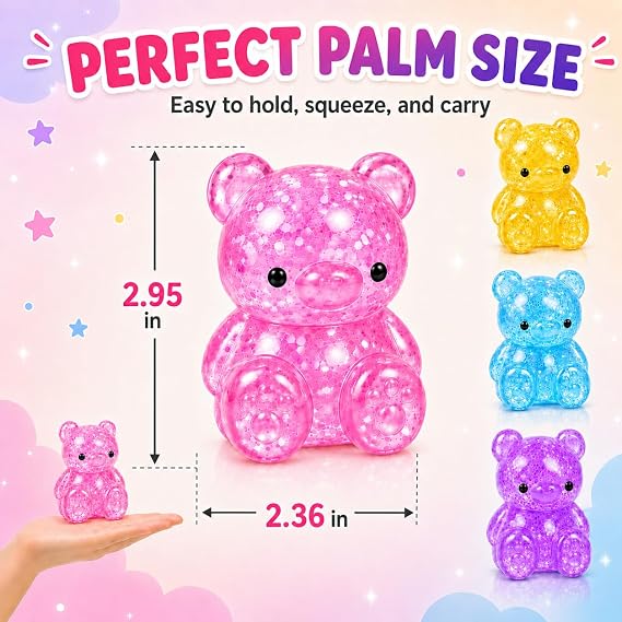 4pcs Squishy,Gummy Bear Squishies,Kawaii Stress Fidgets Sensory Squeeze Toys for Kids,Stretchy Pull Toy for Kawaii Desk Decor,Birthday Party Favors,Classroom Prizes