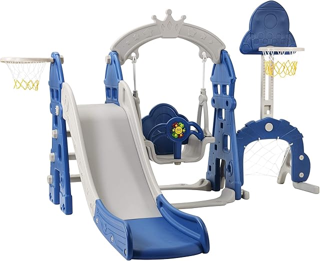 5 in 1 Kids Slide and Swing Set Playset Activity Center with Basketball Hoop Height Adjustable & Soccer Goal Toddler Climber Playground Indoor Outdoor Exercise Toy (BLUE)
