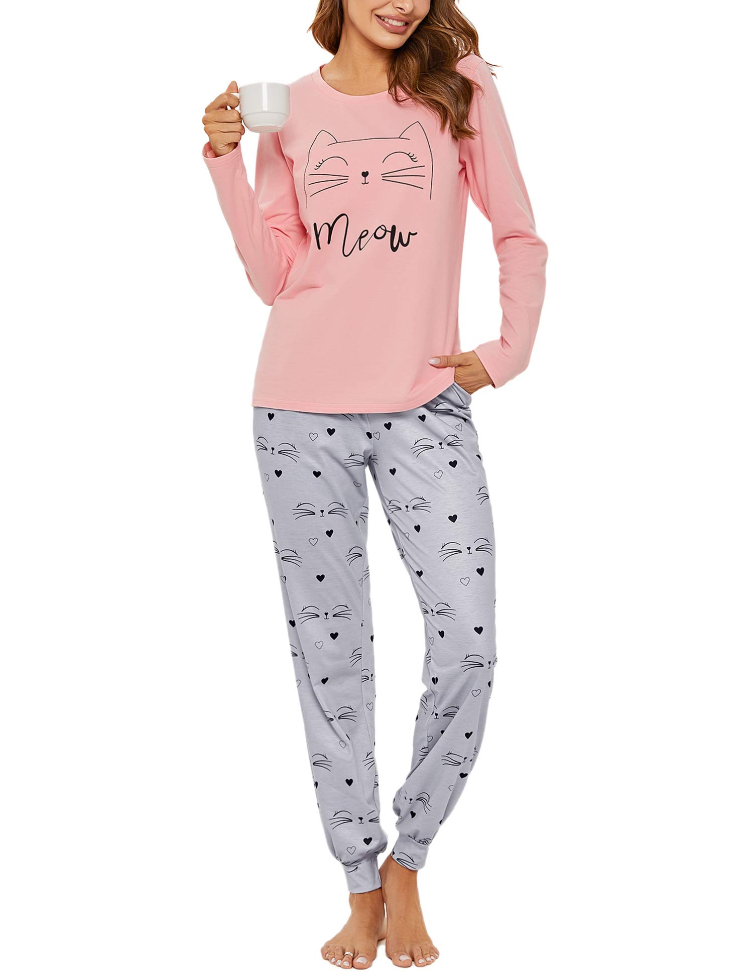 Sykooria Pigiama Donna Invernale Pigiama Donna Cotone Leggero Pigiama Lungo Donna Caldo Pantaloni Lunghi Casual con Tasca e Top con Motivo a Carino Due Pezzi S-XXL