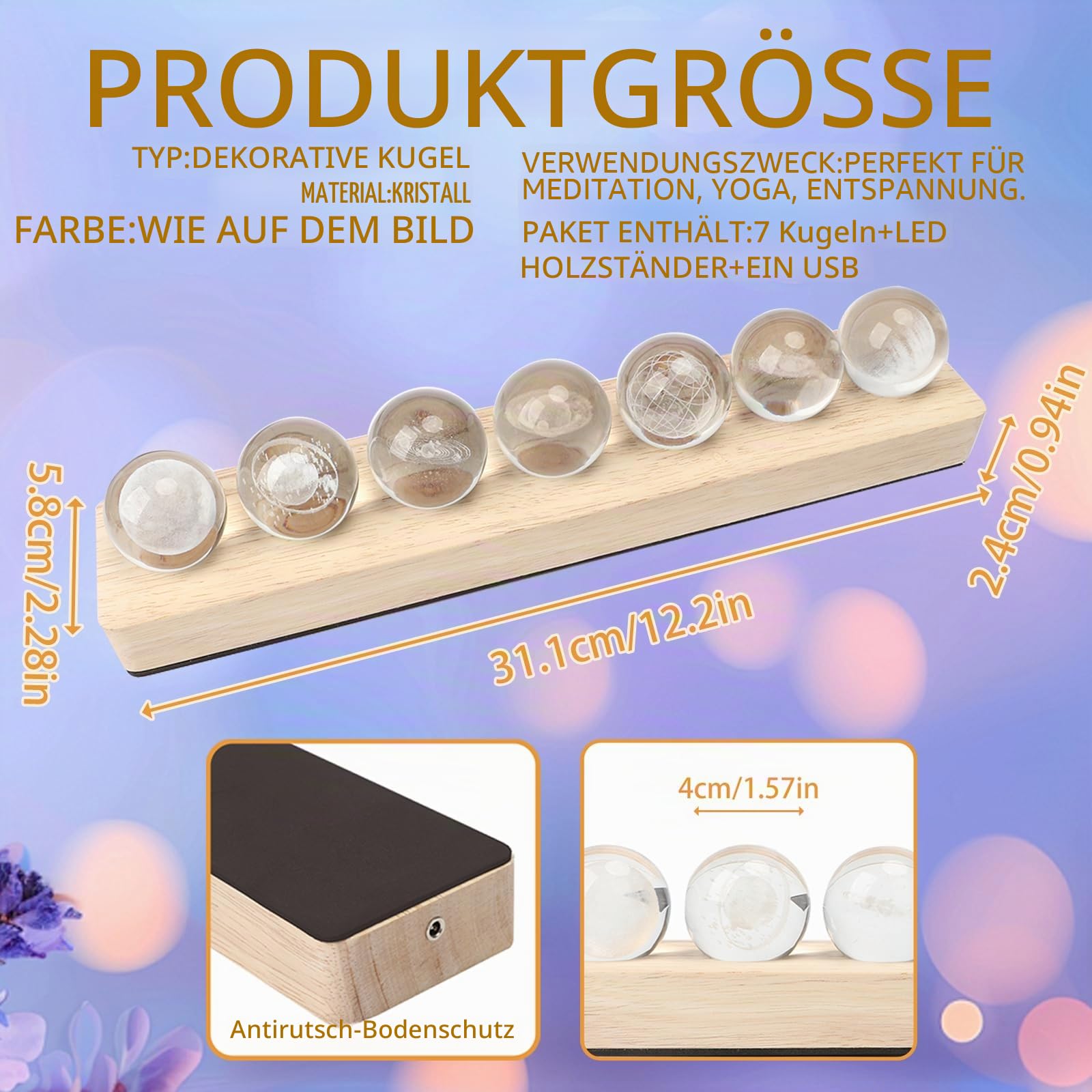 3D Kristallkugel Nachtlicht, 7 Planet Sonnensystem Glaskristallkugeln mit LED Holzsockel, 40mm Glaskugel LED Ball Lampe, Planeten Modell Kristallkugel Schreibtisch Dekor Astronomie Geschenk
