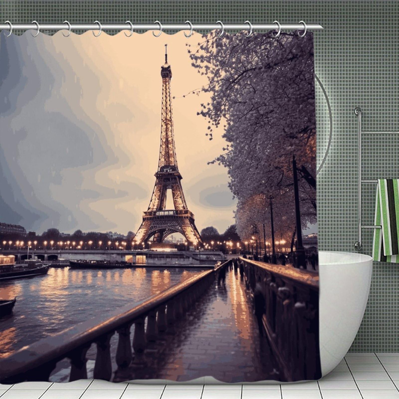 VstaDank Eiffel Tower Winter Rainy Shower Curtain Light-Weight Blackout Bathroom Curtain Washable Shower Liner 71x71 Inch Bath Curtain with Metal Holes Bathtub Bath Room