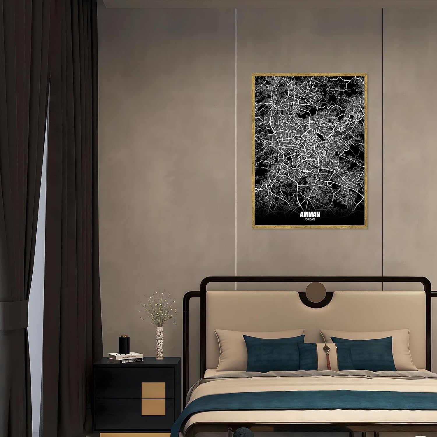 Framed Amman Jordan Map Canvas Print Art Minimalist Aesthetic Wall Art PaintingPictures Wall Decor Art Print Elegant Home Decor Decoration for Office (Wood Framed,12L x 16W)