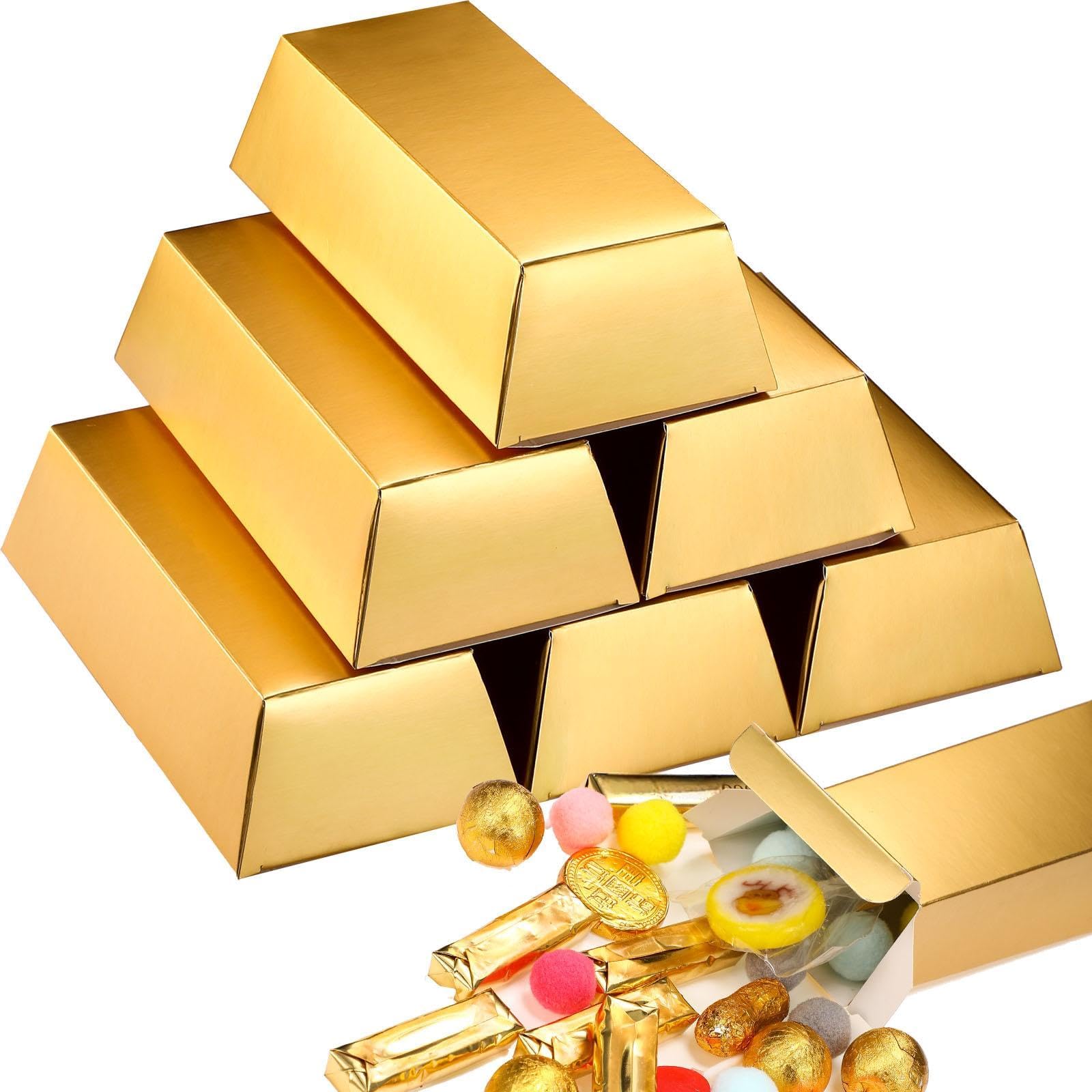 Containlol 24 Pcs Gold Bar Fake Gift Box Foil Gold Bar Party Favor Boxes Paper Golden Favor Boxes Treasure Brick for Pirate Casino Theme Party Decorations Candy Treats Chocolate Toys, 5.5 x 3.2 Inches