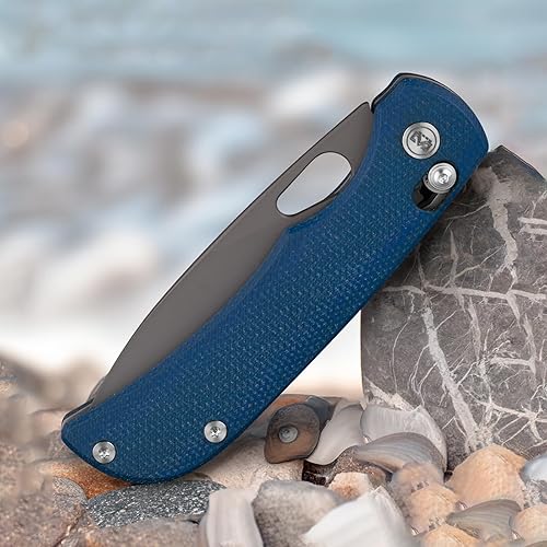 Miniatura 5 de M Miguron Moyarl Cuchillo plegable 3.25 pulgadas gris oscuro PVD 14c28n hoja azul mango micarta con clip de bolsillo de titanio cuchillo de bolsillo