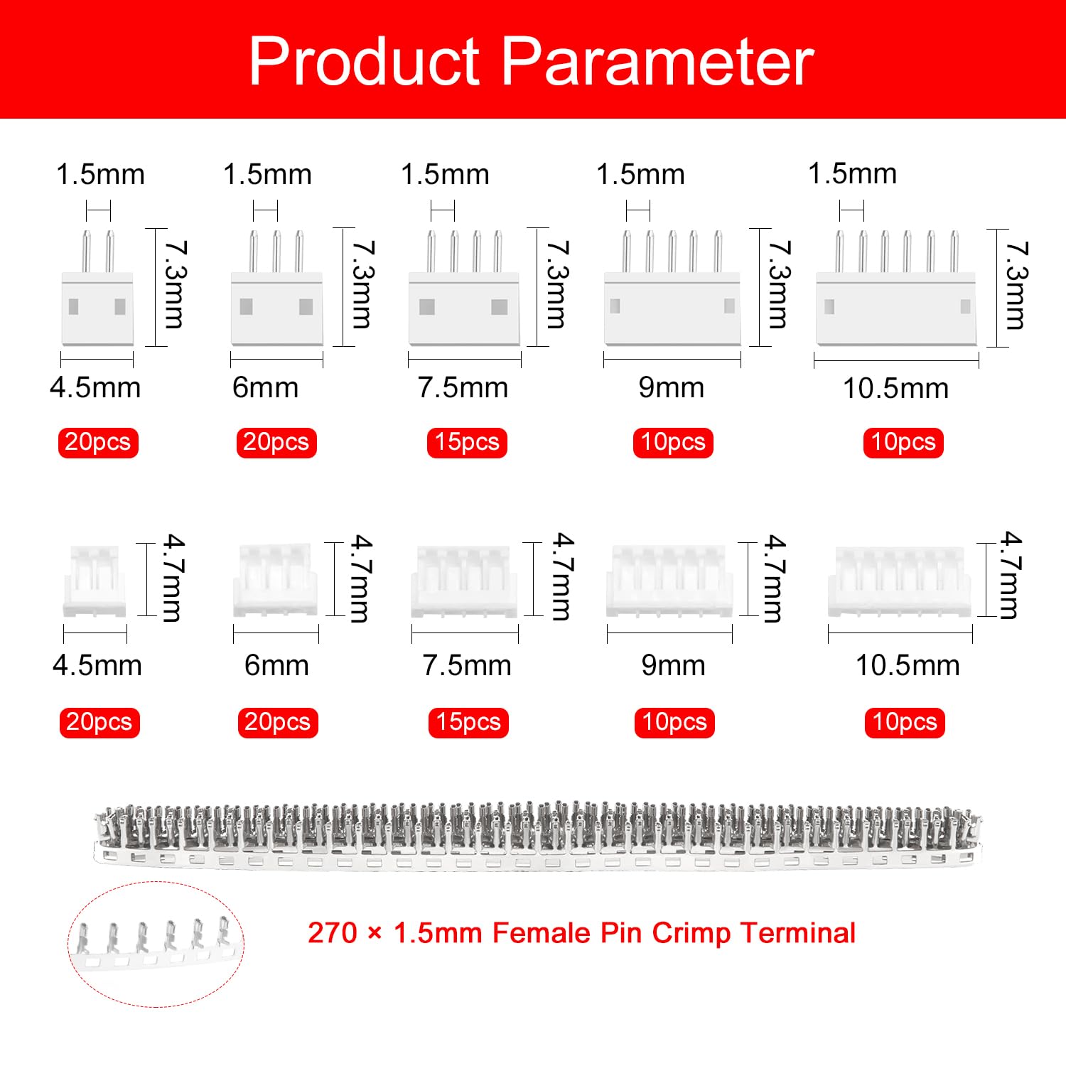 420 Piezas Kit de Conectores JST de 1.5 mm, JST-ZH 2/3/4/5/6 Pin Cable Adaptador Conector Socket Macho y Hembra, con Terminal de Crimpado Pin - 3