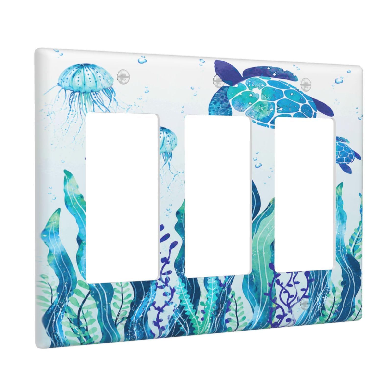 Xuejiaku Decorative Outlet Covers Teal Sea Turtle Jellyfish Seaweed Underwater Ocean 3 Gang Light Switch Cover Plate Triple Rocker Wall Plates Electrical Switch Plate Covers for Bedroom Home Decor