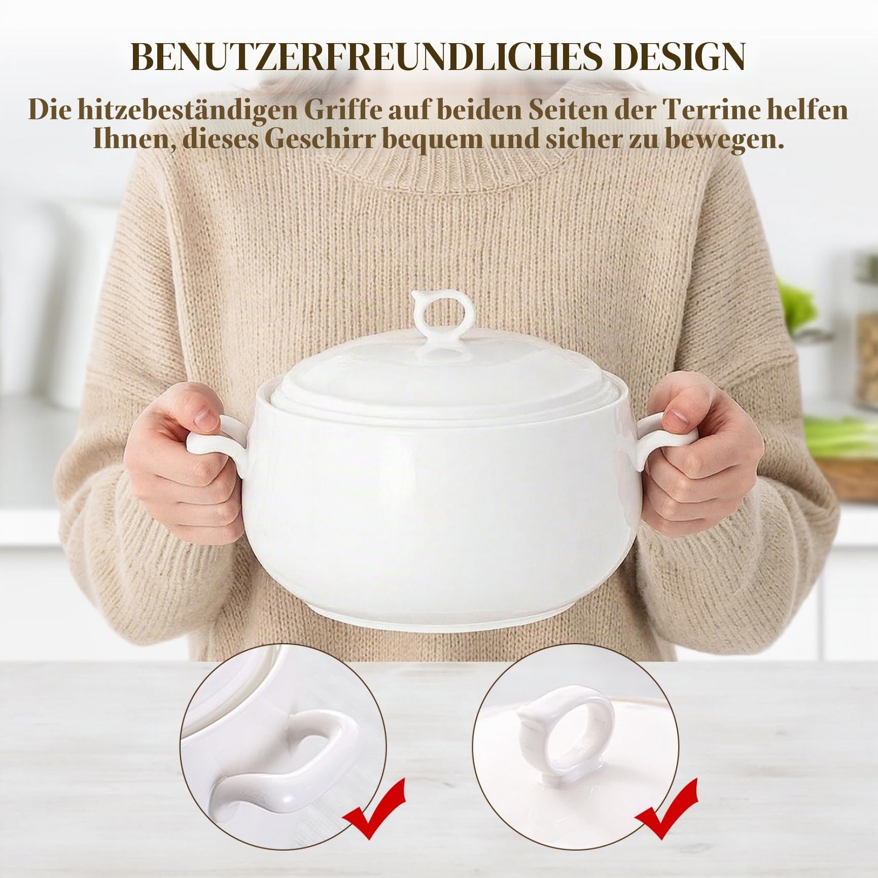 Suppenterrine, 3000 ml, runde Servierschüsseln aus Keramik mit Deckel, hitzebeständige Suppenschüsseln mit Griffen, mikrowellengeeignet für Restaurants, Zuhause, Küche