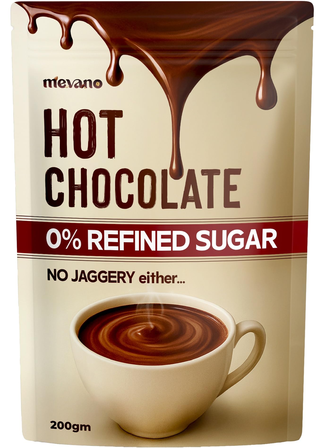 Mevano Hot Chocolate Mix Powder, 200g | Refined SUGAR FREE | All Natural | REAL Cocoa Powder without sugar, sweetened with Coconut Jaggery | Choco powder for Milk | No Preservatives | Cold & hot shakes
