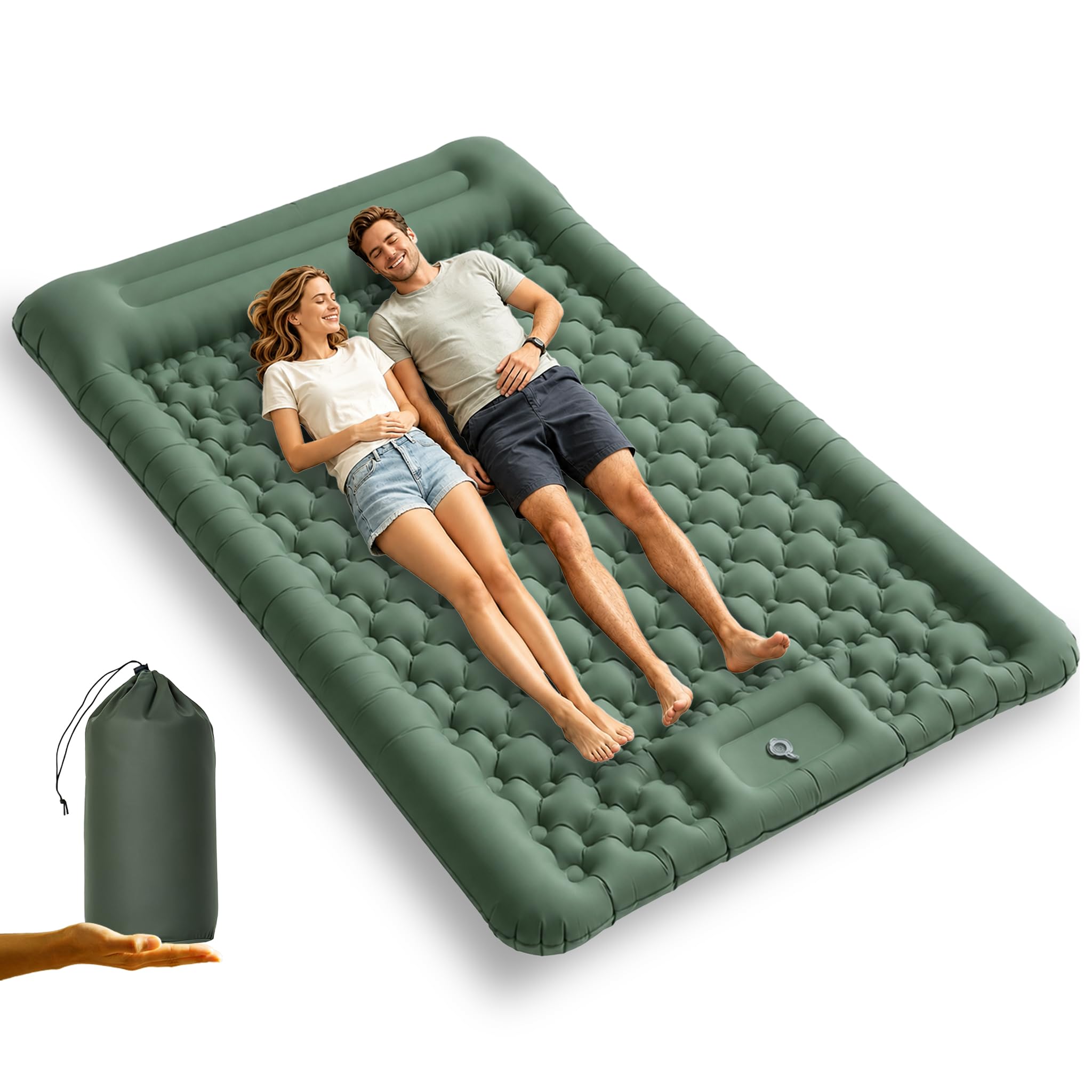 HWX Media Camping Mat Double, 13cm Extra Thick Inflatable Camping Sleeping Pad with Pillow and Built-in Foot Pump, Waterproof & Tear-Resistant 70D Pongee TPU, Portable Air Mattress for Tent Hiking