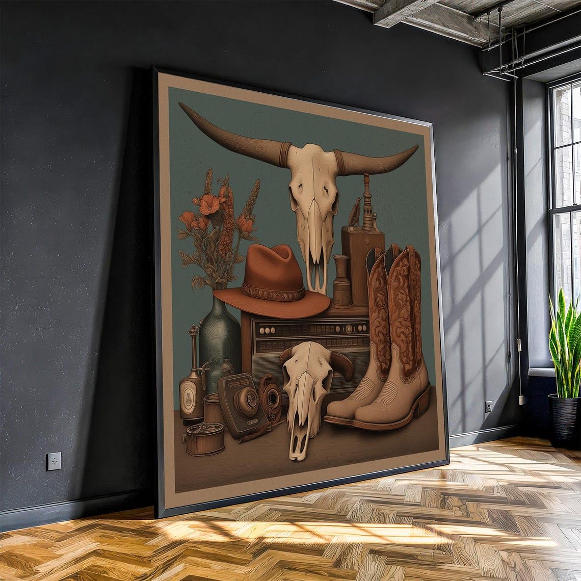 XINBAO Western Cowboy Canvas Wall Art - Rustic Ranch Decor Canvas - Longhorn Boots Hat Canvas Print - Country Farmhouse Artwork(50x50cm/Frameless)