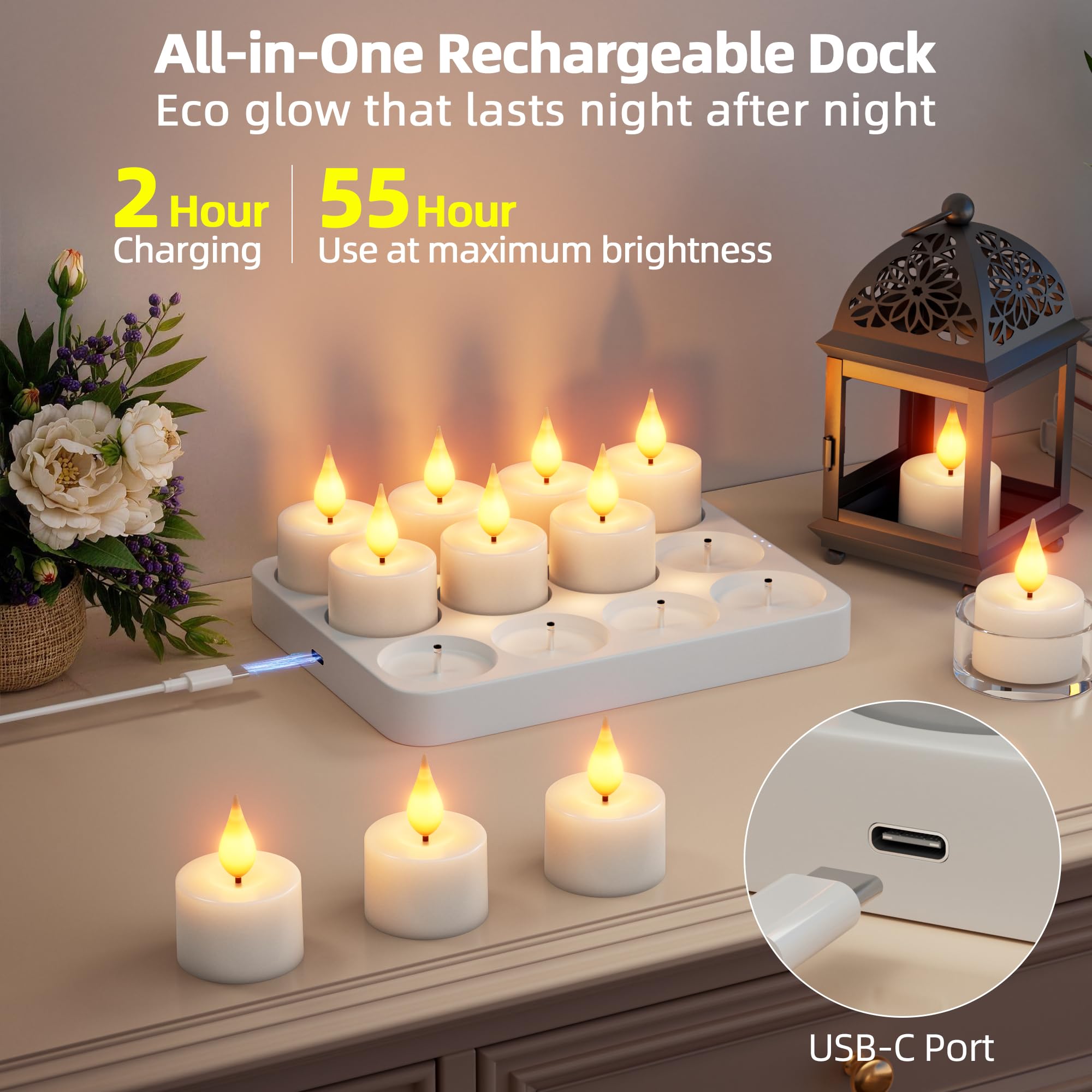 Velas de té recargables sin llama: 12 velas de té que funcionan con pilas con temporizador remoto y base de carga, velas votivas LED parpadeantes para Navidad, Halloween, decoración de bodas