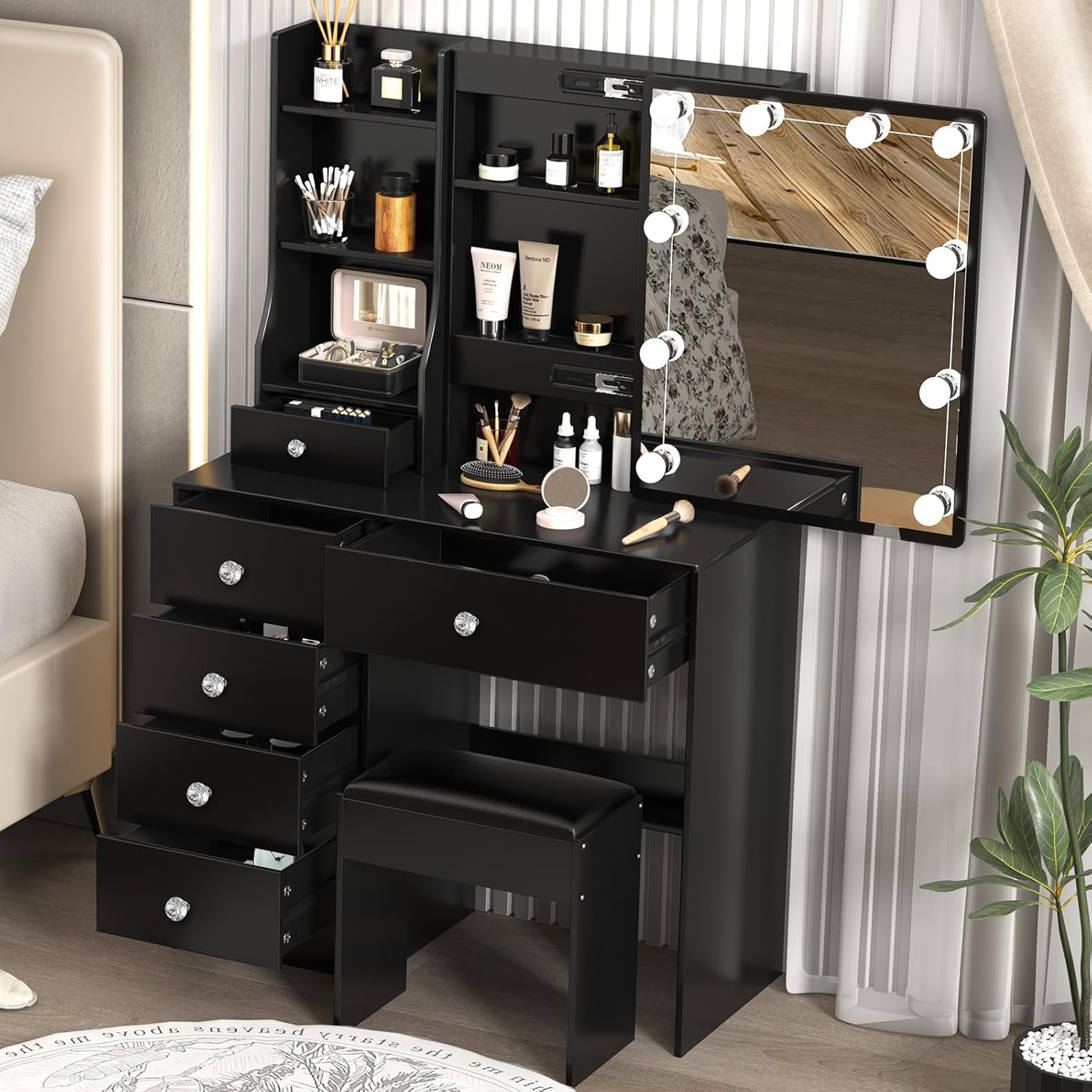 Vanity Desk with Mirror and Lights, Makeup Vanity with 6 Storage Drawers, 3 Lighting Color Adjustable, Dressing Table Vanity Set with Stool, Makeup Table for Bedroom, Gifts for Girls and Women, Black
