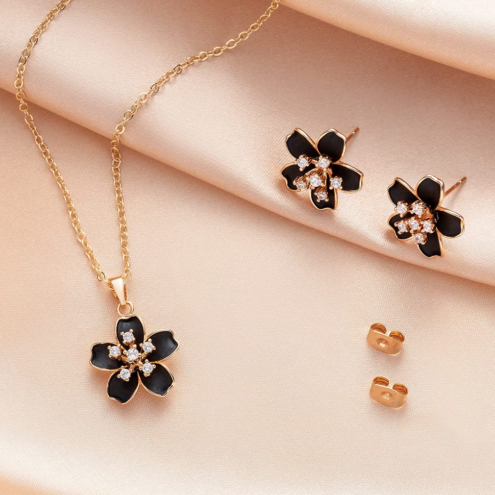 EVEVIC Cherry Blossom Flower Necklace Earrings Set for Women 18K Gold Plated Hypoallergenic Jewelry Sets (Black) - Image 6