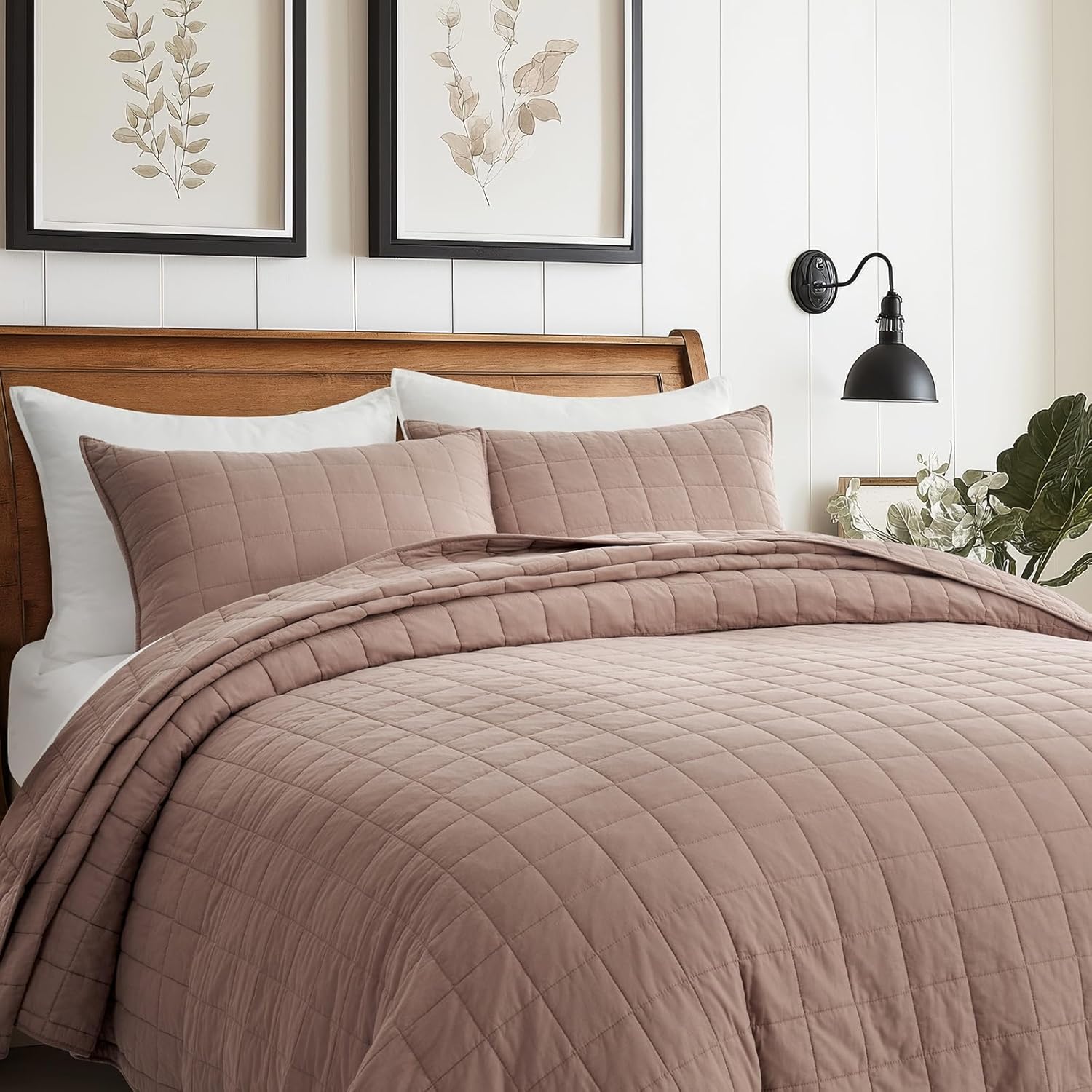 EVERGRACEHOME 100% Cotton Box Stitch Quilt Bedding Set Queen Size 3 Pieces, Garment-Washed Lightweight Soft Cozy Coverlet, Quilted Bedspread Sets with 2 Shams for All Season, Clay - Image 6