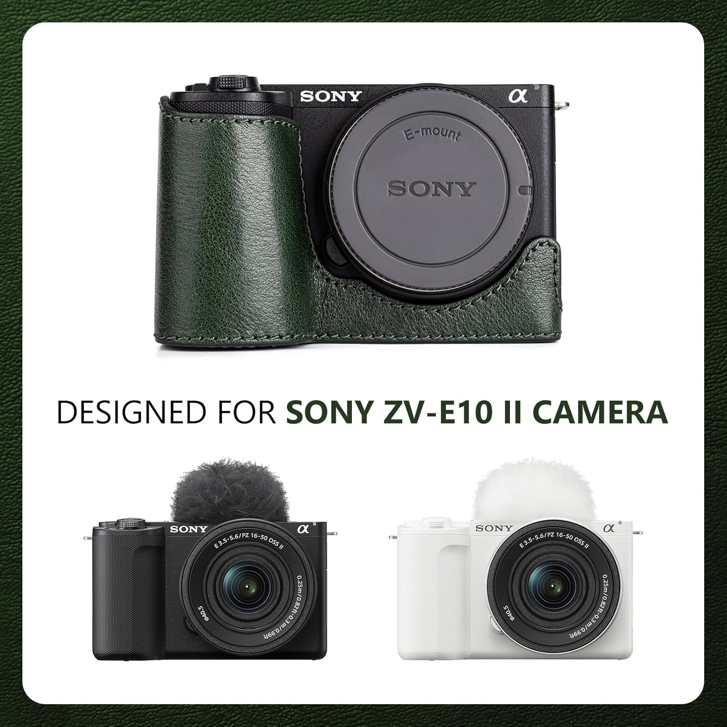 MUZIRI KINOKOO Protective Case for Sony ZV-E10 II, Vintage Textured Genuine Leather Half Case Compatible for Sony Alpha ZVE10 II/ZV-E10 II Camera, with Opening Bottom & 1/4” Thread Screw - Green