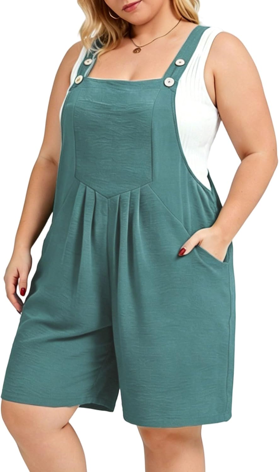 Moon Wood Plus Size Rompers for Women Short Overalls Jumpsuit with Adjustable Straps Sleeveless Romper With Pockets