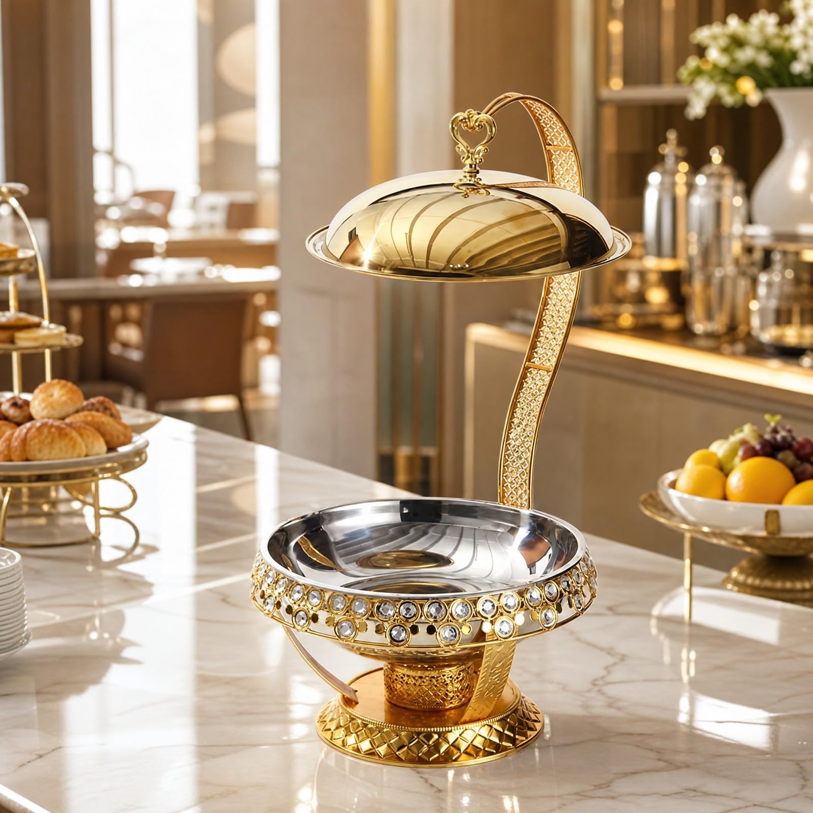 Scaldavivande Buffet con Coperchio Sospeso E Base Rialzata in Metallo Acciaio Inox Dorato per Hotel Ristoranti Eventi All Aperto Cene Cerimonie Adatto, 16 Diamanti Oro