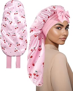 AWAYTR Long Satin Bonnet for Sleeping, Reversible Double Layer Hair Bonnet with Elastic Tie Band (Cherry Print+Pink)