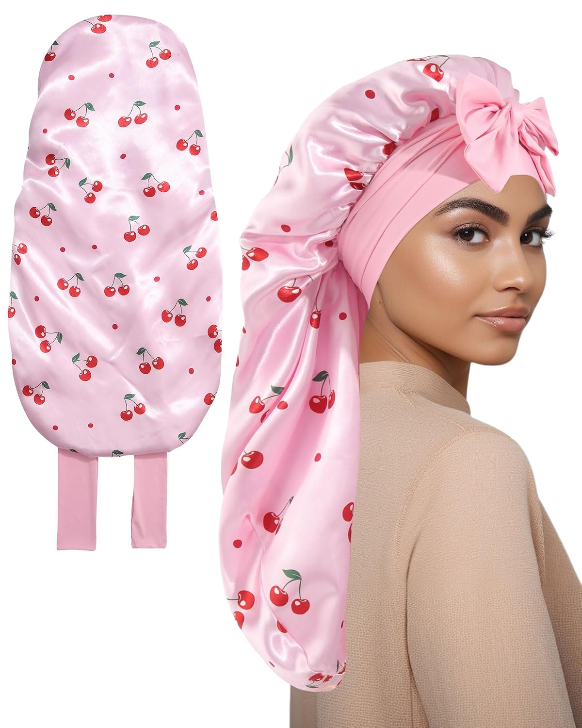 AWAYTR Long Satin Bonnet for Sleeping - Cherry Print