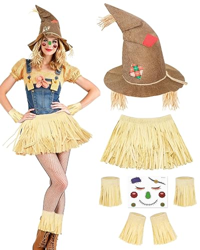 Scarecrow Costume for Men Women, Scarecrow Hat with Raffia Straw