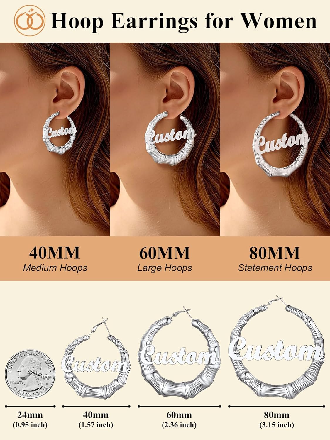Custom4U Bamboo Hoop Earrings for Women Gold/Silver/Black Large Name Earrings Personalized - Hypoallergenic Lightweight Big Thick Hoops 30/40/50/60/70/80mm - Custom Made Birthday Christmas Gifts - Image 3