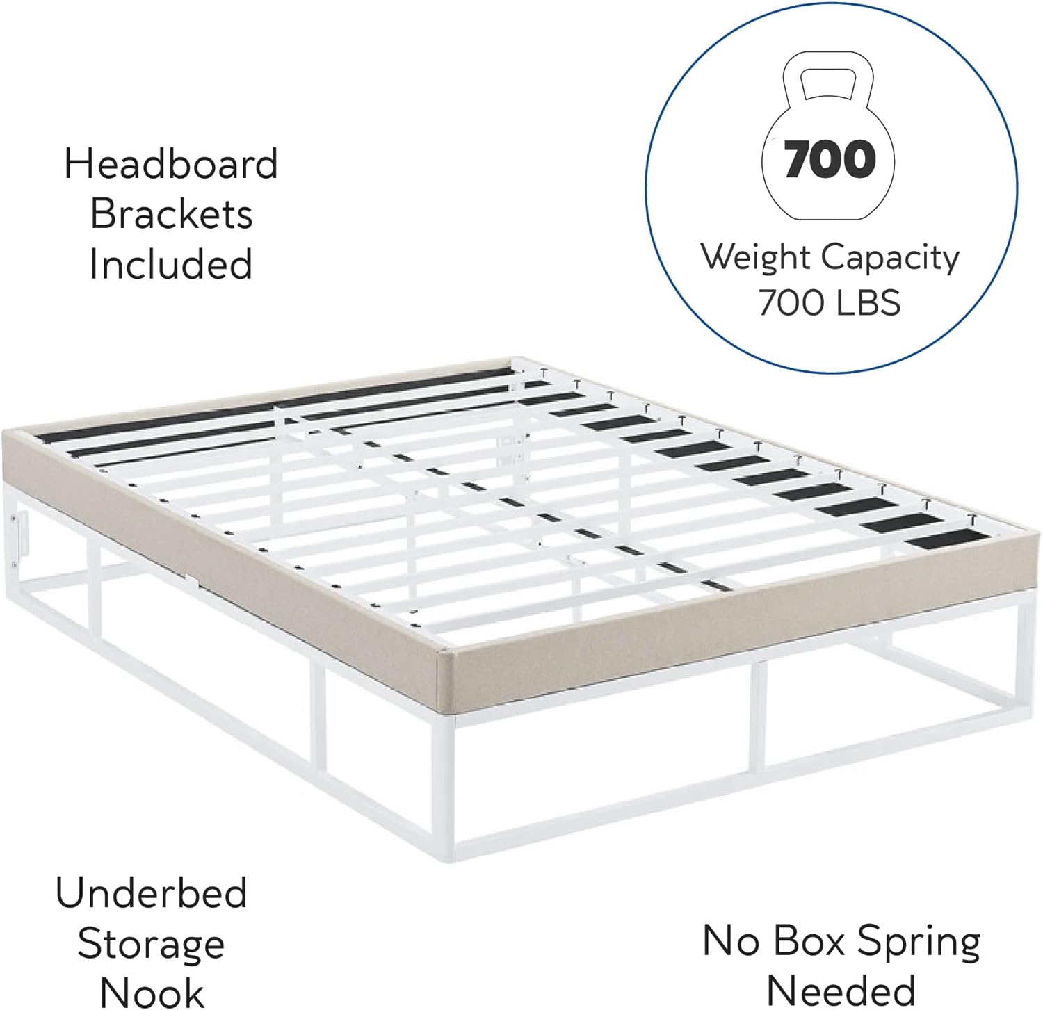 Decoro Capri White Metal Platform Bed Frame with Built-in Beige Upholstered Mattress Foundation, King Size