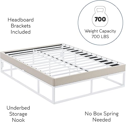 Miniatura 7 de Classic Brands Capri - Base de cama con plataforma de metal blanco con base de colchón tapizada beige integrada, tamaño Queen