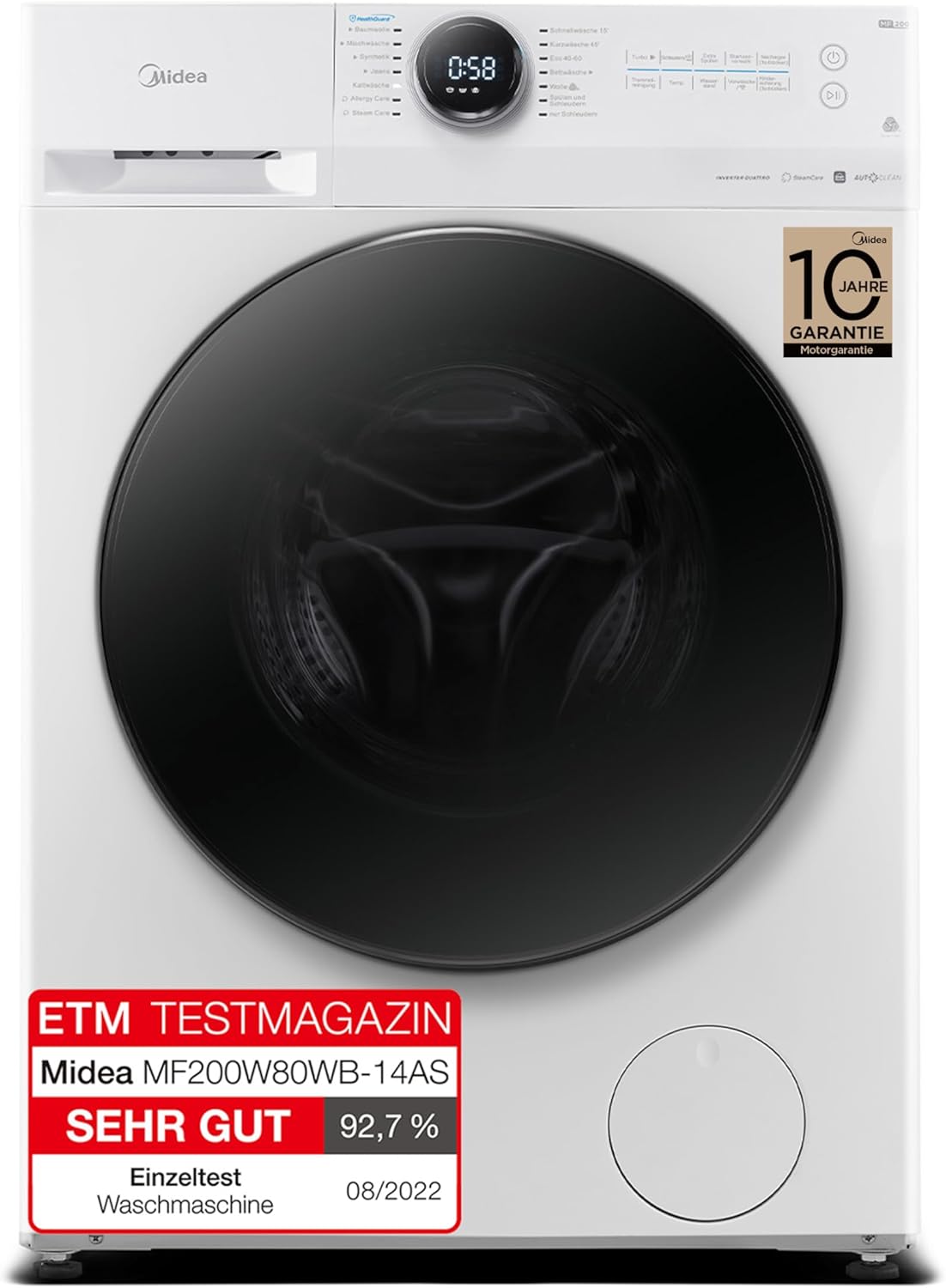 Product image of Midea MF200W80WB-14AS Waschmaschine/8KG /Energieeffizienzklasse A/Mengenautomatik/Steam Care/Nachlegefunktion / 1400 U/min/Zeitsparen - Turbo/nur 48 cm tief/APP-Steuerung, AquaStop, Weiß